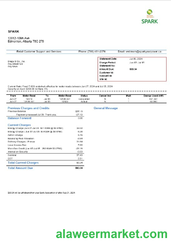 Canada Alberta Spark business utility bill template in Word and pdf formats